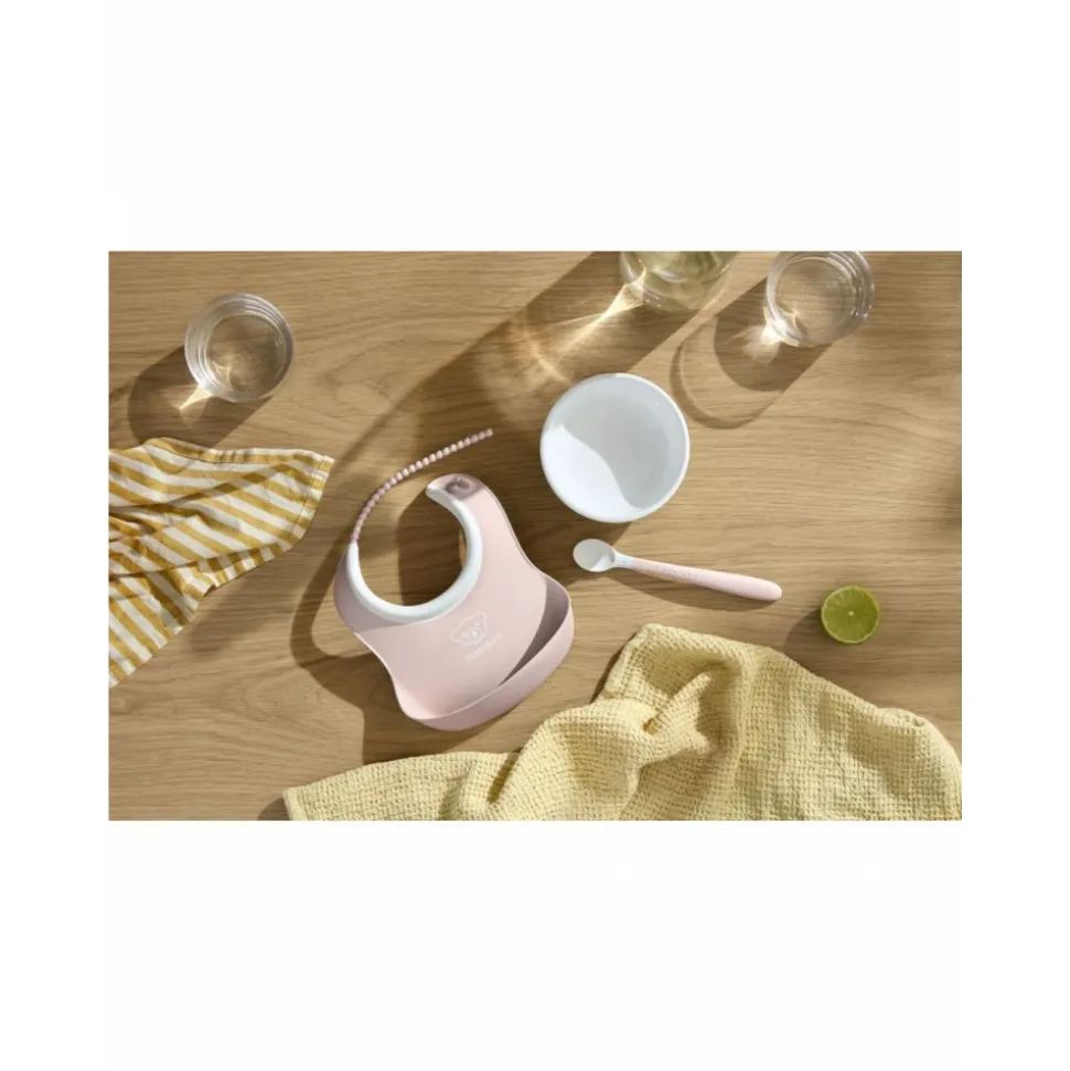 Coffret repas avec bavoir rose pastel