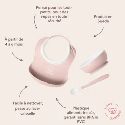 Coffret repas avec bavoir rose pastel