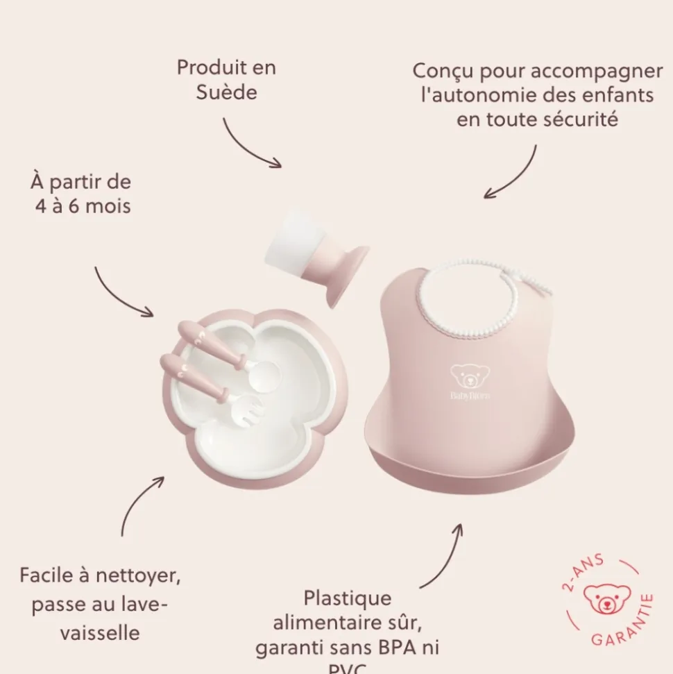 Coffret repas avec bavoir rose pastel