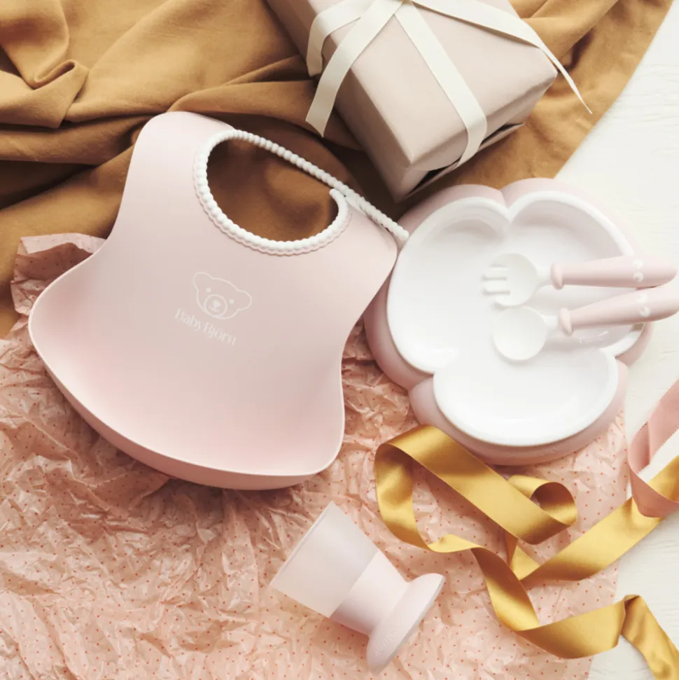 Coffret repas avec bavoir rose pastel