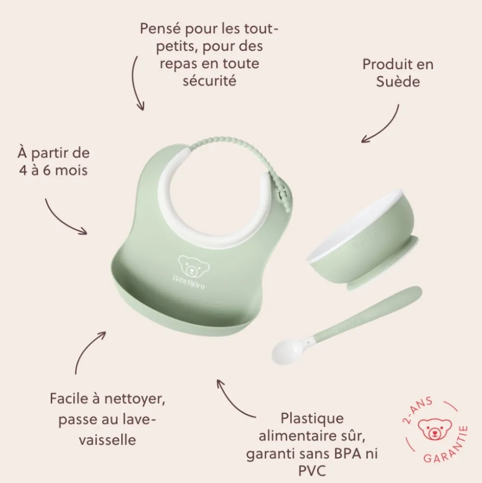 Coffret repas avec bavoir vert pastel