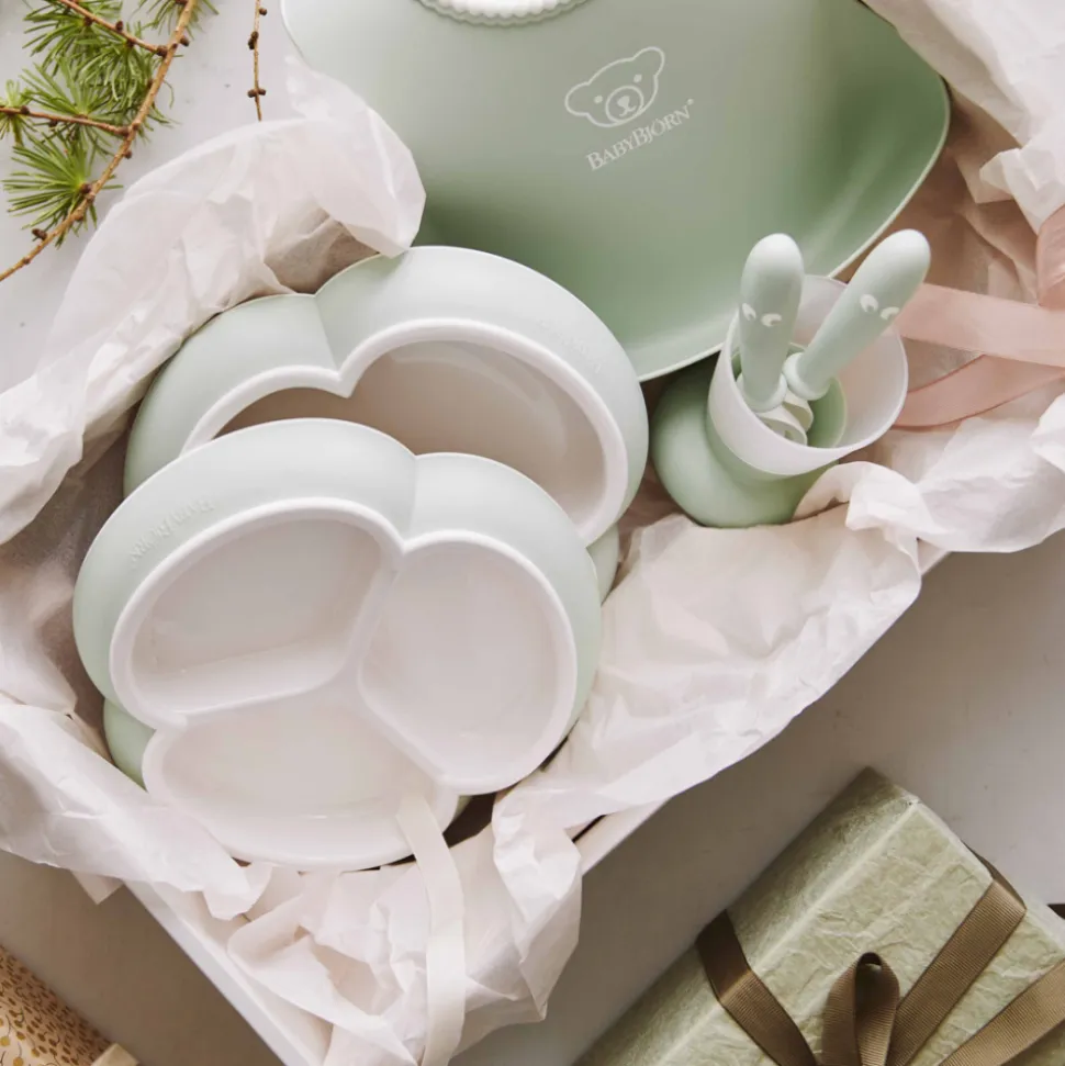 Coffret repas avec bavoir vert pastel