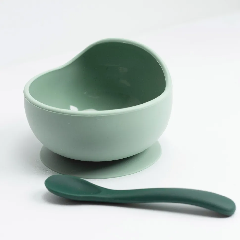 Coffret repas bébé 2 pièces silicone vert sauge et vert sapin