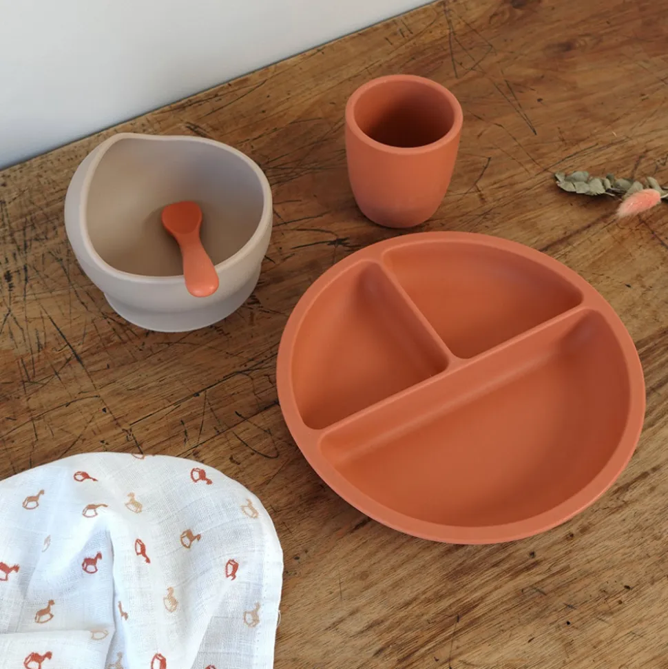 Coffret repas bébé 4 pièces silicone terre de sienne & sable