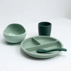 Coffret repas bébé 4 pièces silicone vert sauge et vert sapin