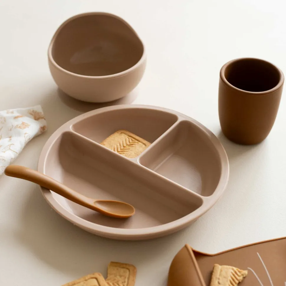 Coffret repas bébé 4 pièces silicone sable et caramel