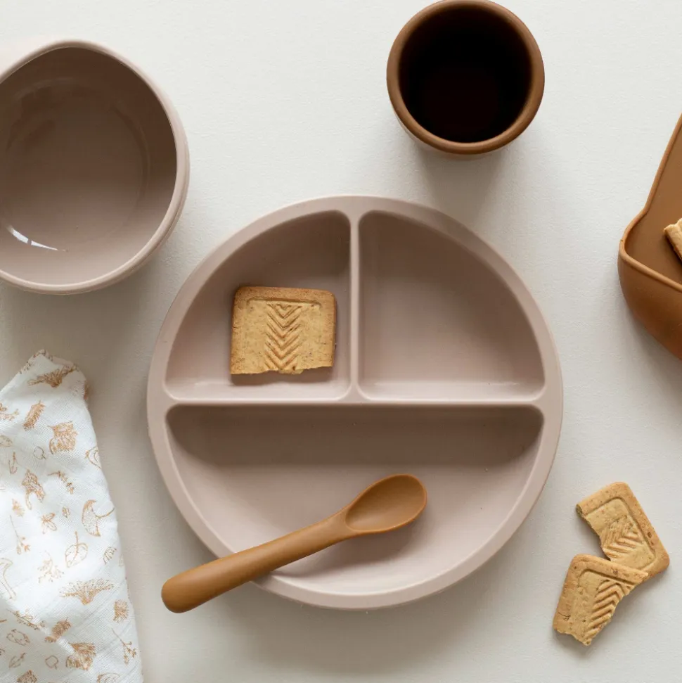Coffret repas bébé 4 pièces silicone sable et caramel
