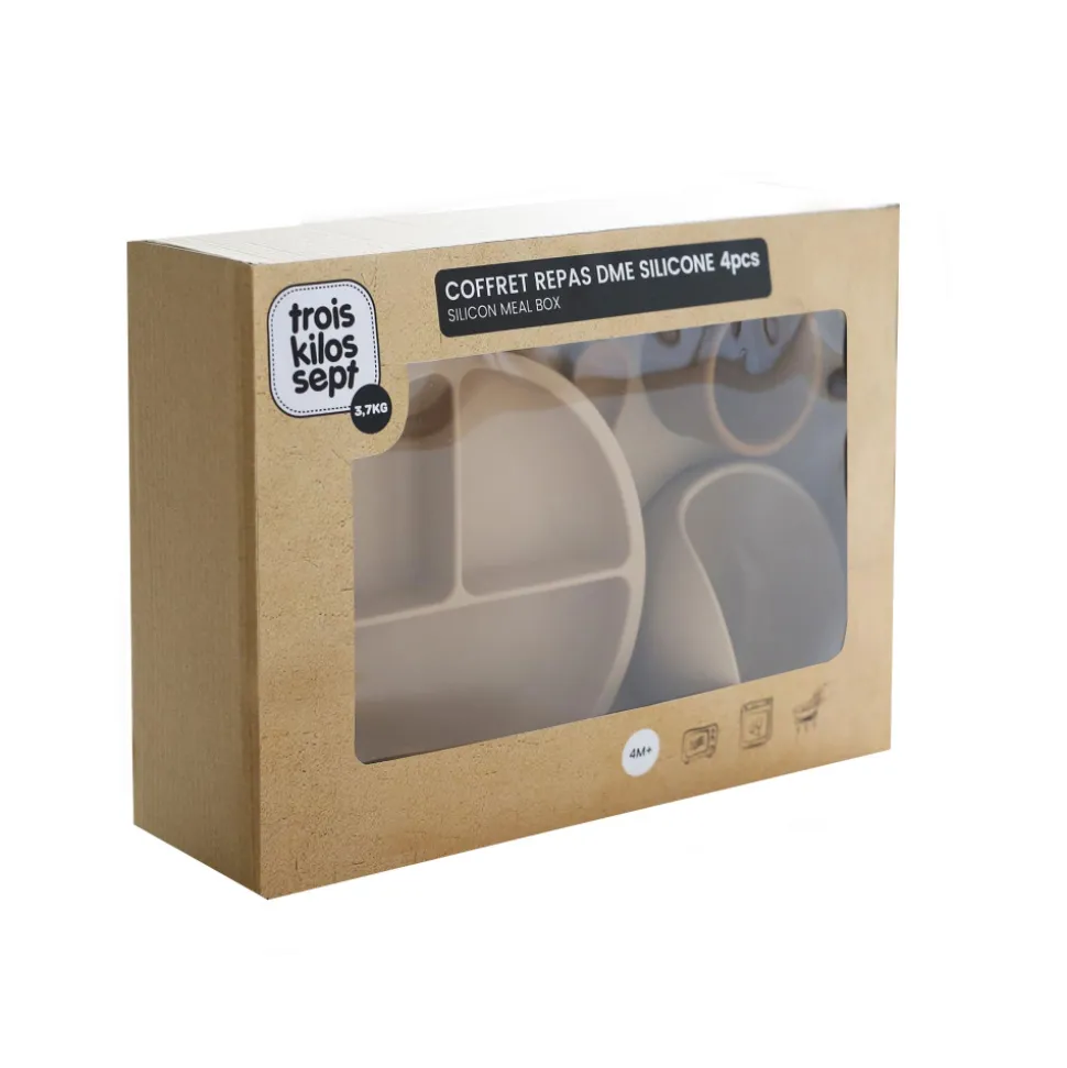 Coffret repas bébé 4 pièces silicone sable et caramel