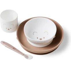 Coffret repas 4 pièces en silicone blanc/marron
