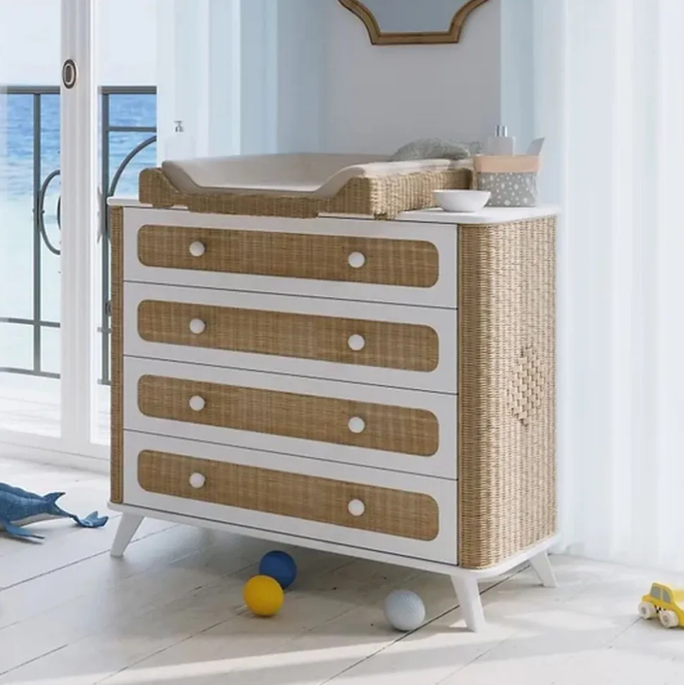 Commode à langer coquillage cannage de rotin neige