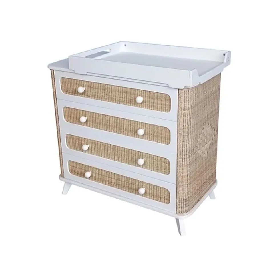 Commode à langer coquillage cannage de rotin neige