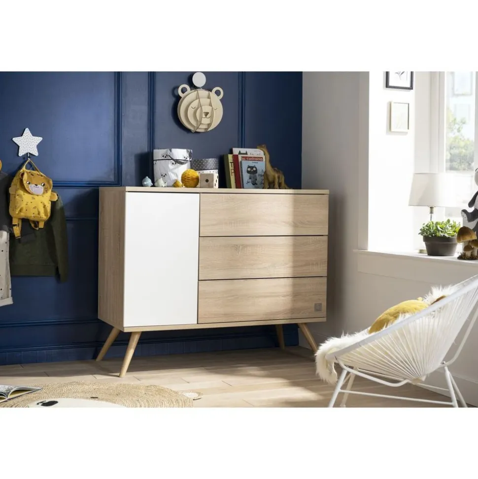Commode 3 tiroirs blanc et bois seventies