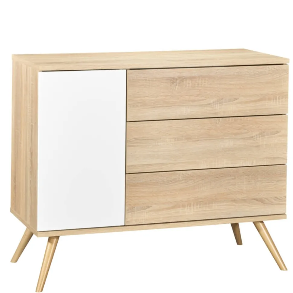 Commode 3 tiroirs blanc et bois seventies