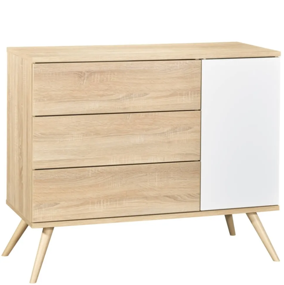 Commode 3 tiroirs blanc et bois seventies