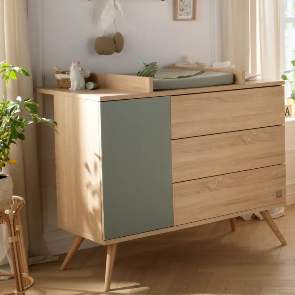 Commode 3 tiroirs 1 porte sauge seventies