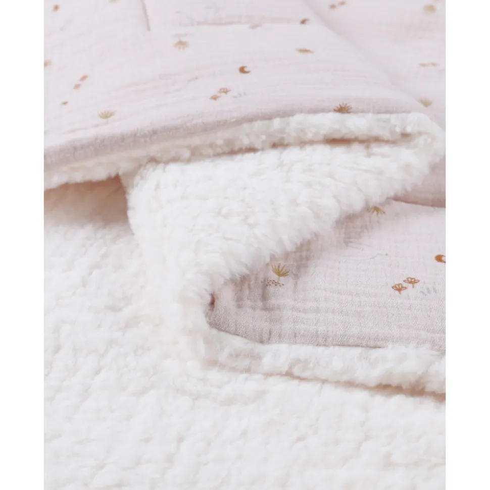 Couverture colombes du bonheur 100x140 cm en mousseline et sherpa - bali, moka & snow