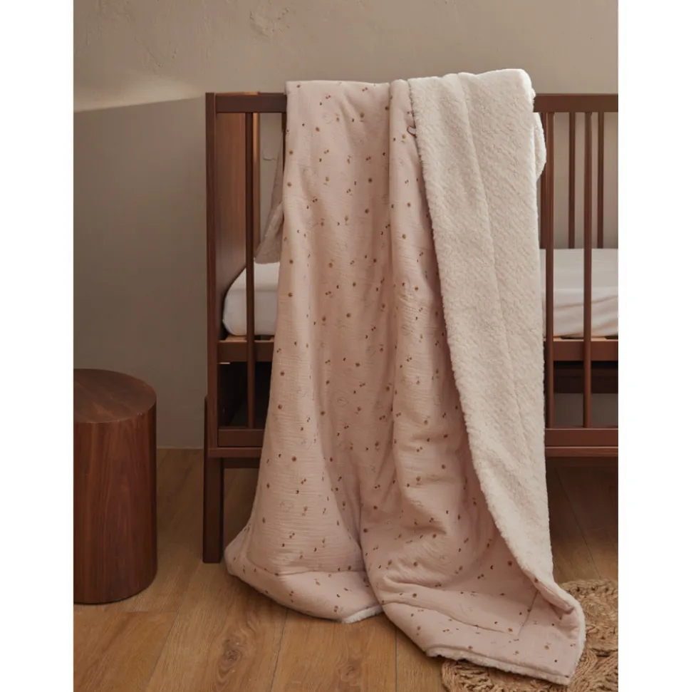 Couverture colombes du bonheur 100x140 cm en mousseline et sherpa - bali, moka & snow