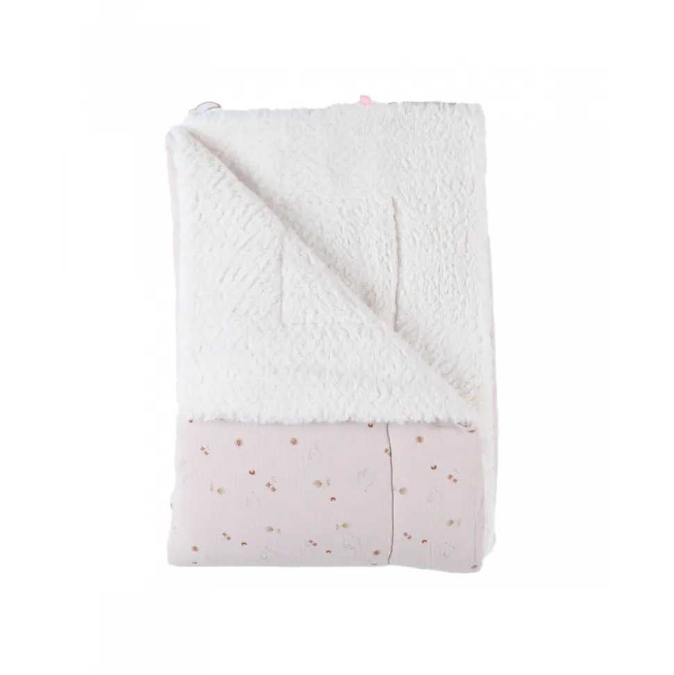 Couverture colombes du bonheur 100x140 cm en mousseline et sherpa - bali, moka & snow