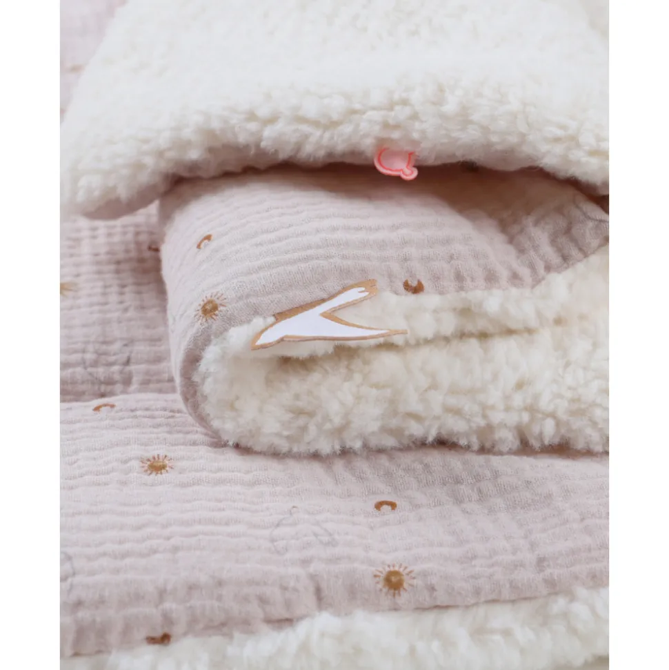 Couverture colombes du bonheur 100x140 cm en mousseline et sherpa - bali, moka & snow