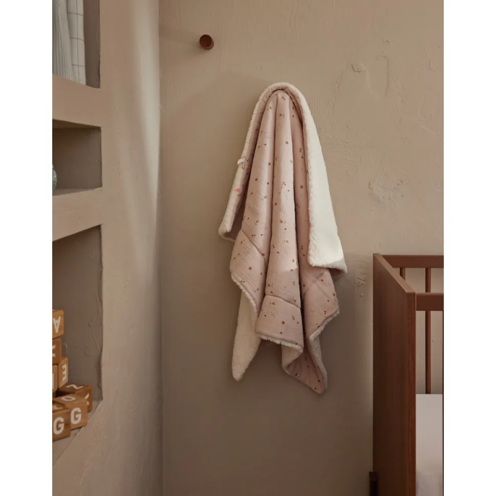 Couverture en mousseline et sherpa colombe du bonheur 75 x 100 cm bali, moka & snow