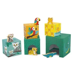 5 cubes à empiler pyramide tropik avec figurines en bois