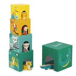 5 cubes à empiler pyramide tropik avec figurines en bois