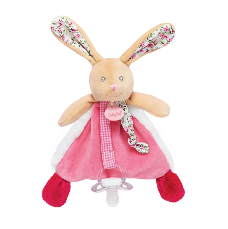 Doudou attache sucette lapin poupi rose