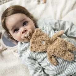 Doudou attache tétine ours teddy bouclette caramel