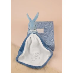 Doudou lapin mouchoir 10 cm bleu