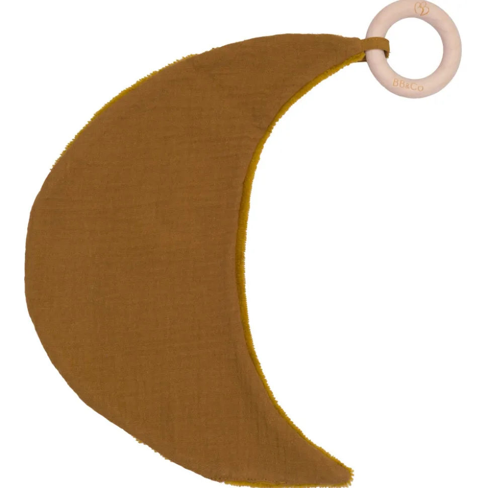 Doudou lune avec anneau dentition gaze et bambou ocre