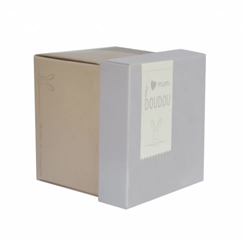 Doudou mouchoir boîte fleur lapin taupe