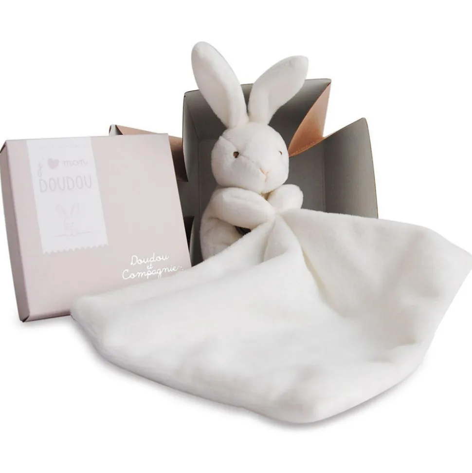 Doudou mouchoir boîte fleur lapin taupe