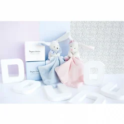 Doudou mouchoir boîte fleur lapin rose