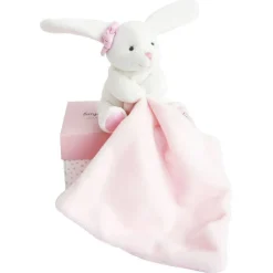 Doudou mouchoir boîte fleur lapin rose