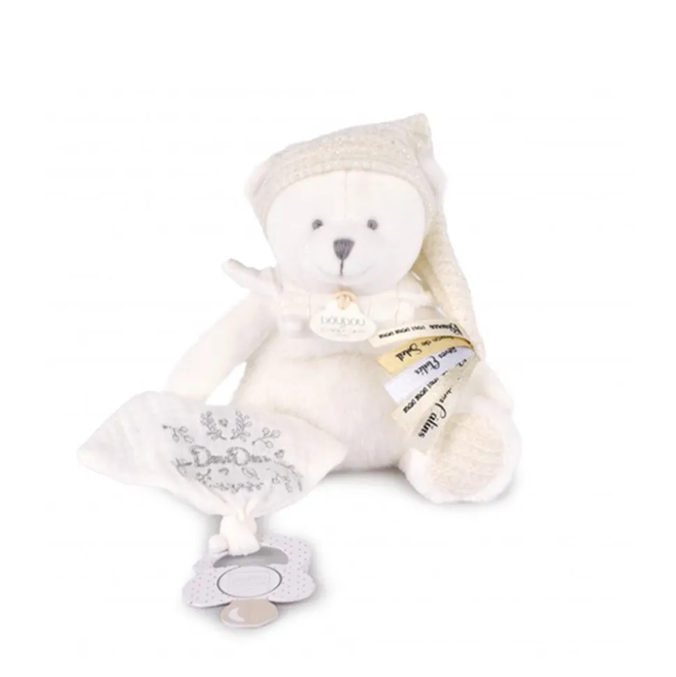 Doudou pantin attache sucette ours 20 cm blanc