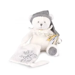 Doudou pantin attache sucette ours 20 cm argent