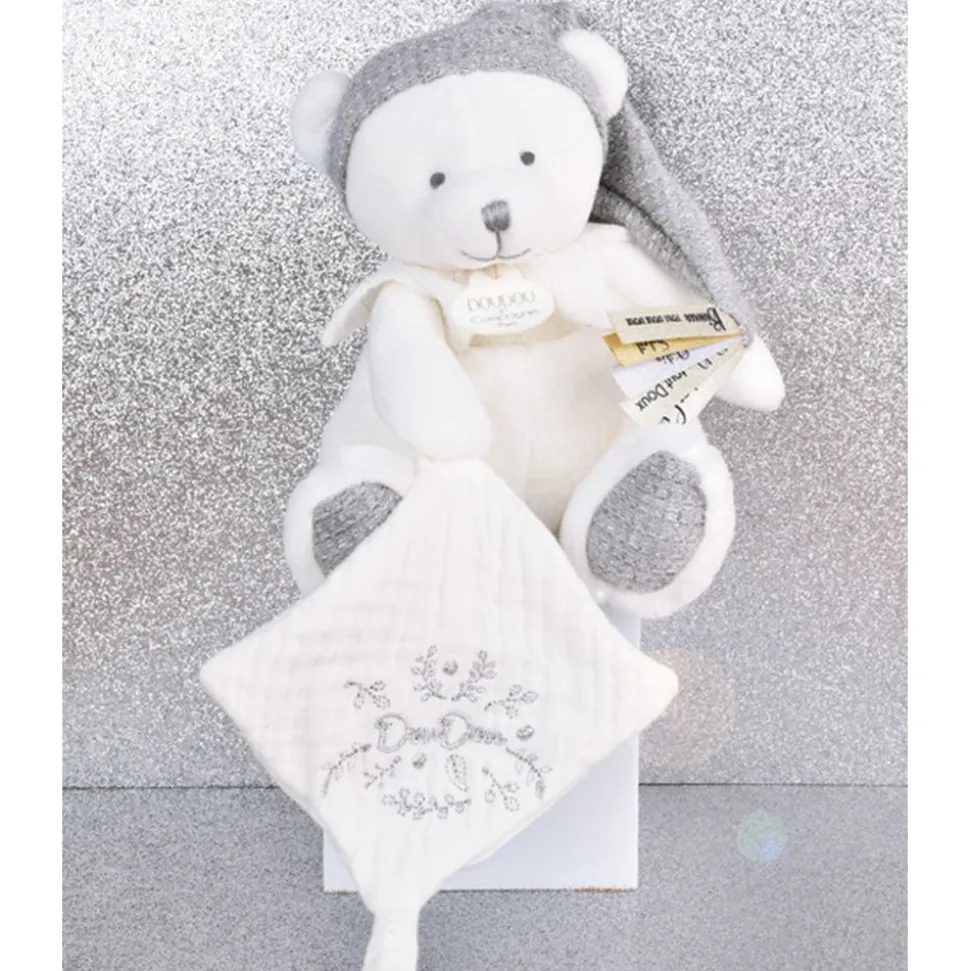 Doudou pantin attache sucette ours 20 cm argent