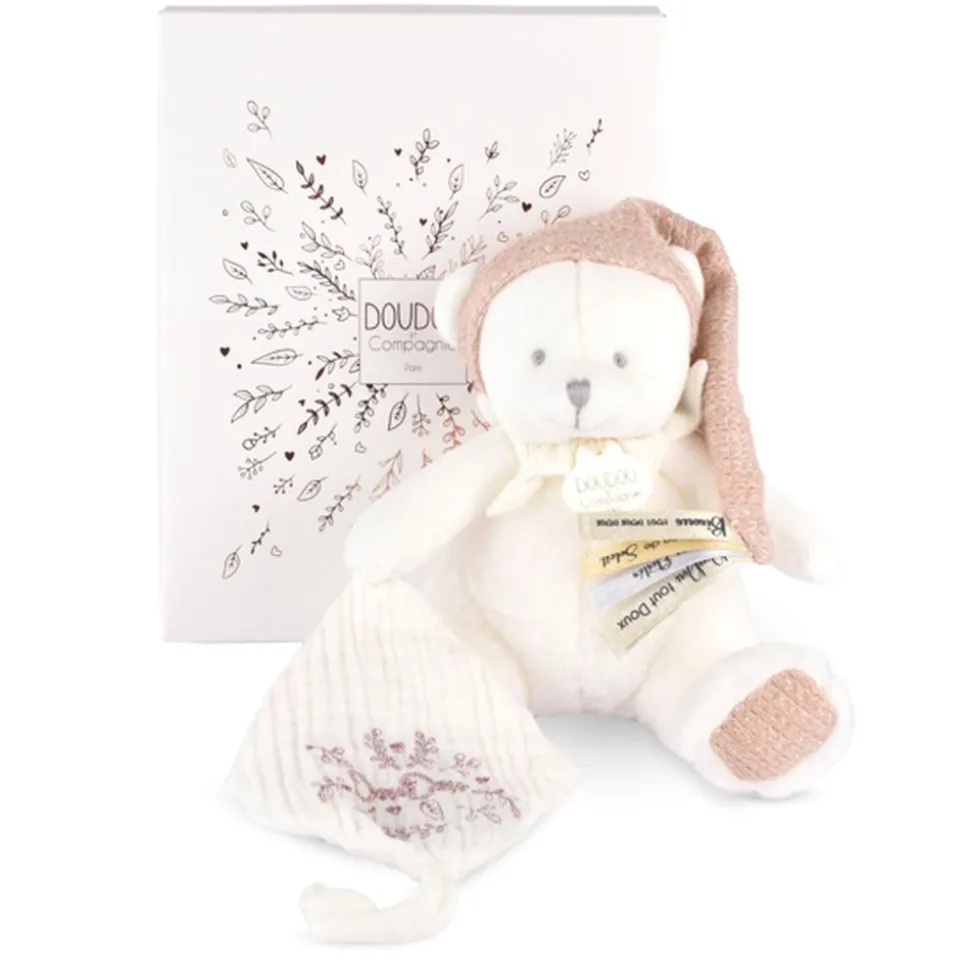 Doudou pantin attache sucette ours 20 cm rose