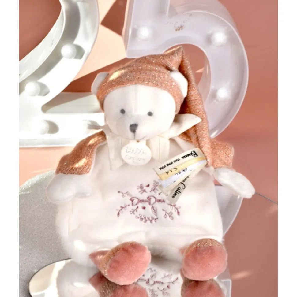 Doudou plat ours cape 25 cm rose