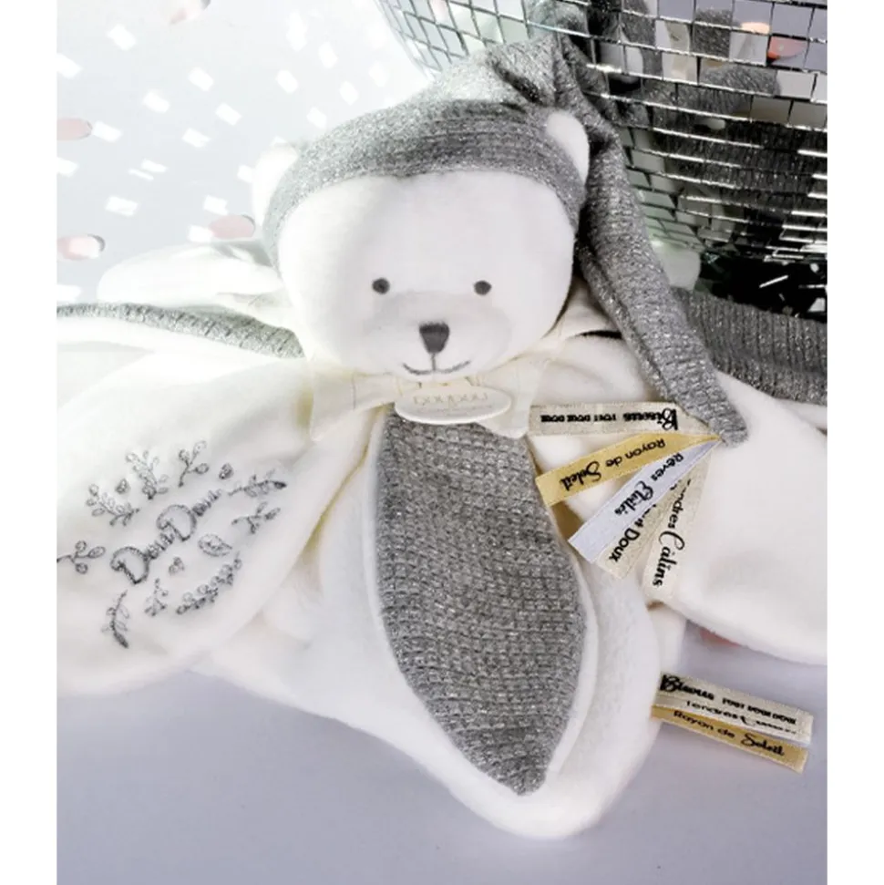 Doudou pétale plat collector ours 25 cm argent