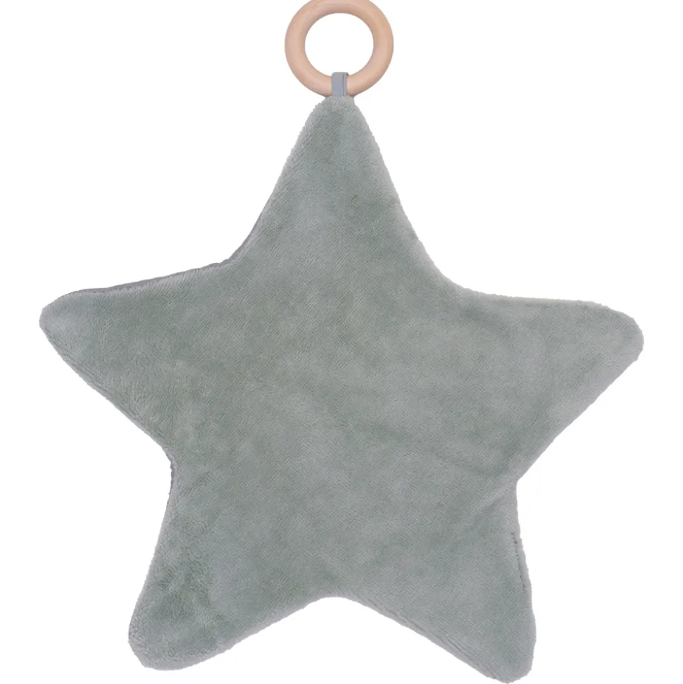 Doudou étoile bi-matière avec anneau de dentition pétale vert de gris