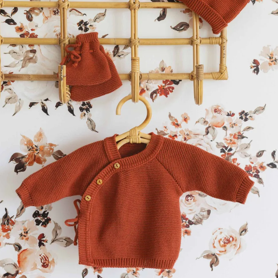 Ensemble naissance bébé brassière, bonnet et chausson - terracotta