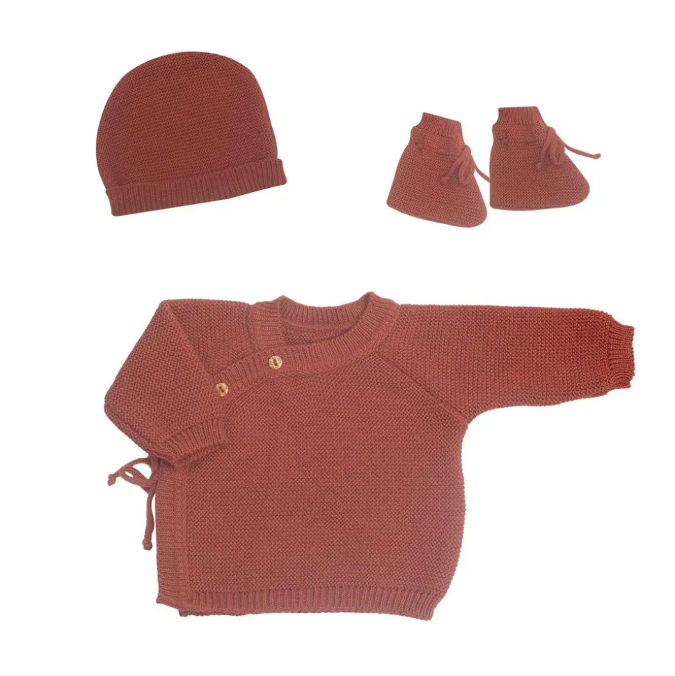 Ensemble naissance bébé brassière, bonnet et chausson - terracotta