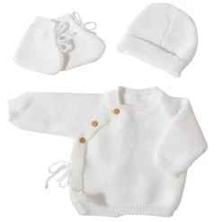 Ensemble naissance bébé brassière, bonnet et chaussons - blanc