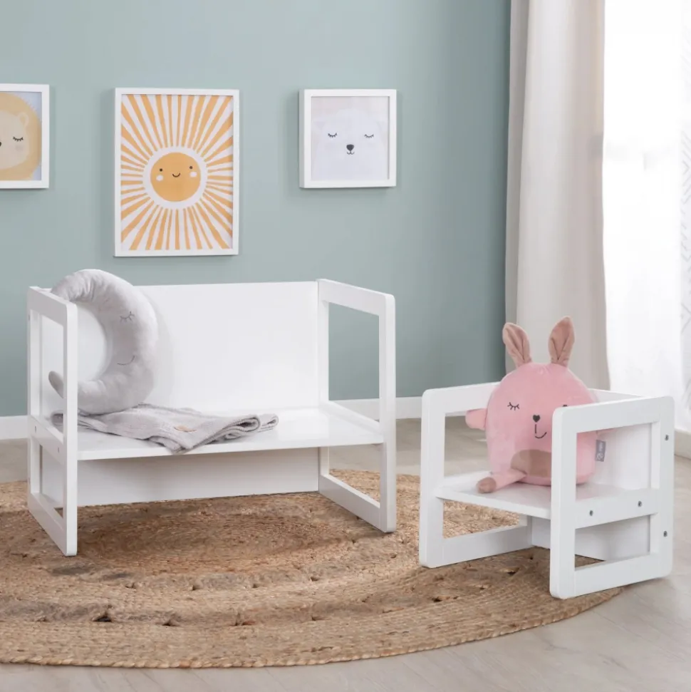 Ensemble tabouret et banc enfant réversible blanc