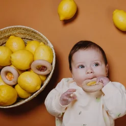 Hochet sensoriel bébé donut en bois citrons