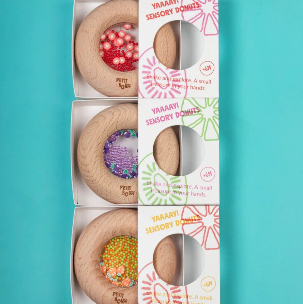 Hochet sensoriel bébé donut en bois carottes