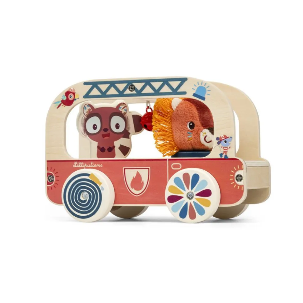 Jouet en bois à tirer camion de pompier jack le lion