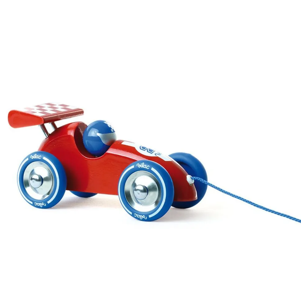 Jouet à tirer voiture de course rouge et bleue