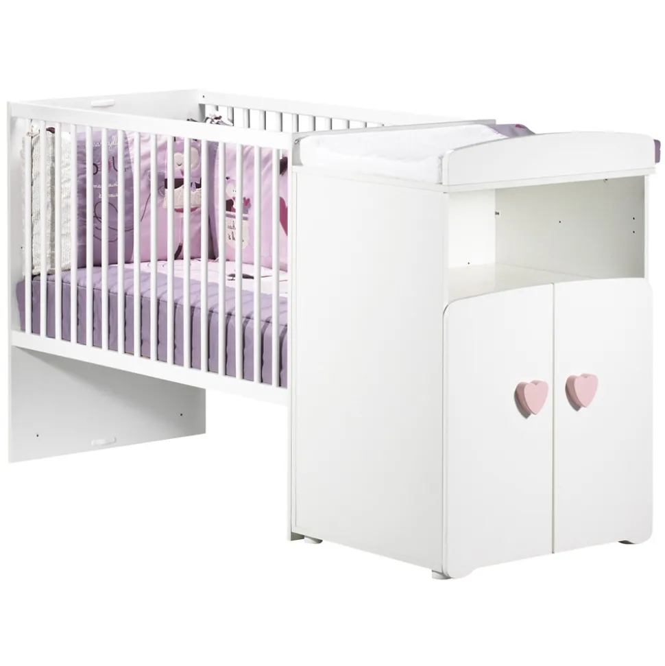 Lit bébé combiné évolutif 60x120 en 90x190 boutons coeur rose